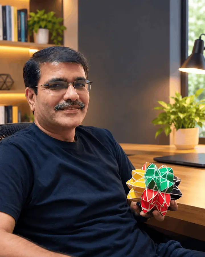Manish Rathod, founder of Manqube, holding the handmade 4x4 Lotus Ball Cube at his desk